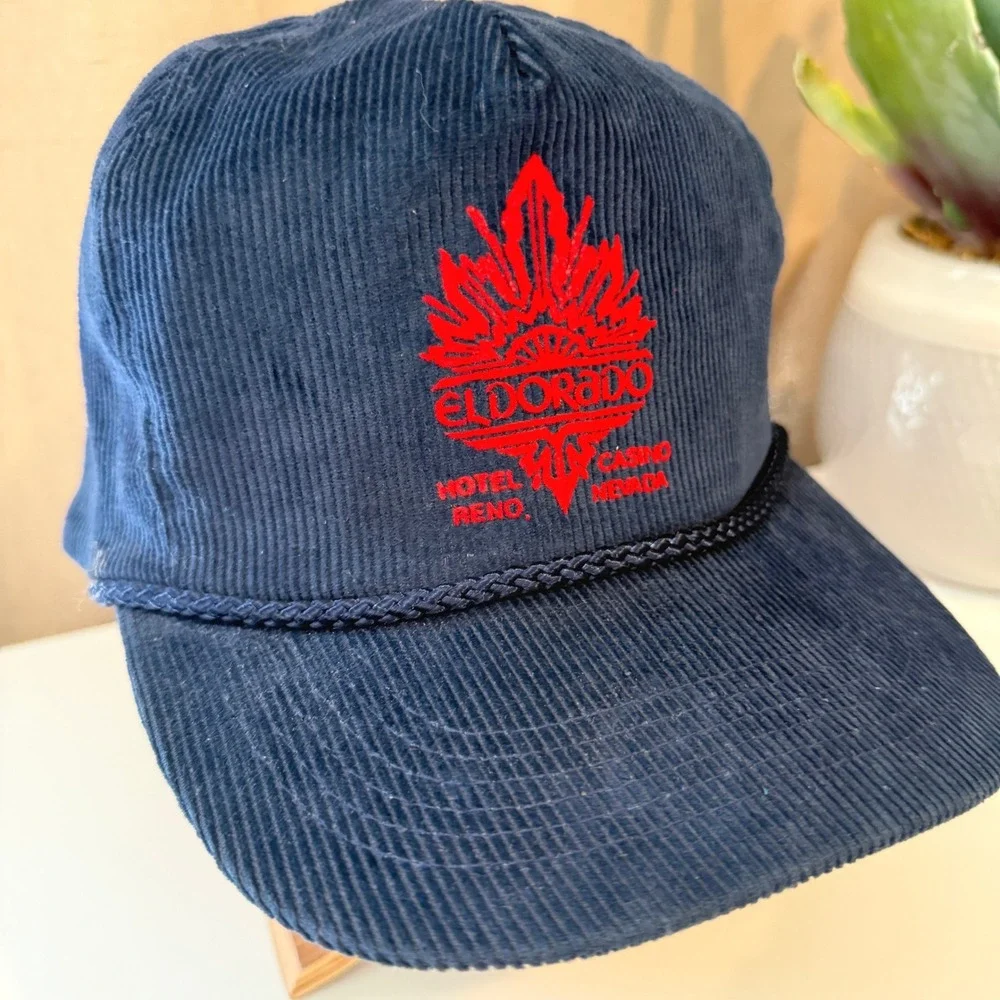 Vintage Otto Cap Eldorado Hotel Casino Reno Corduroy Snapback Hat Navy Blue Rope